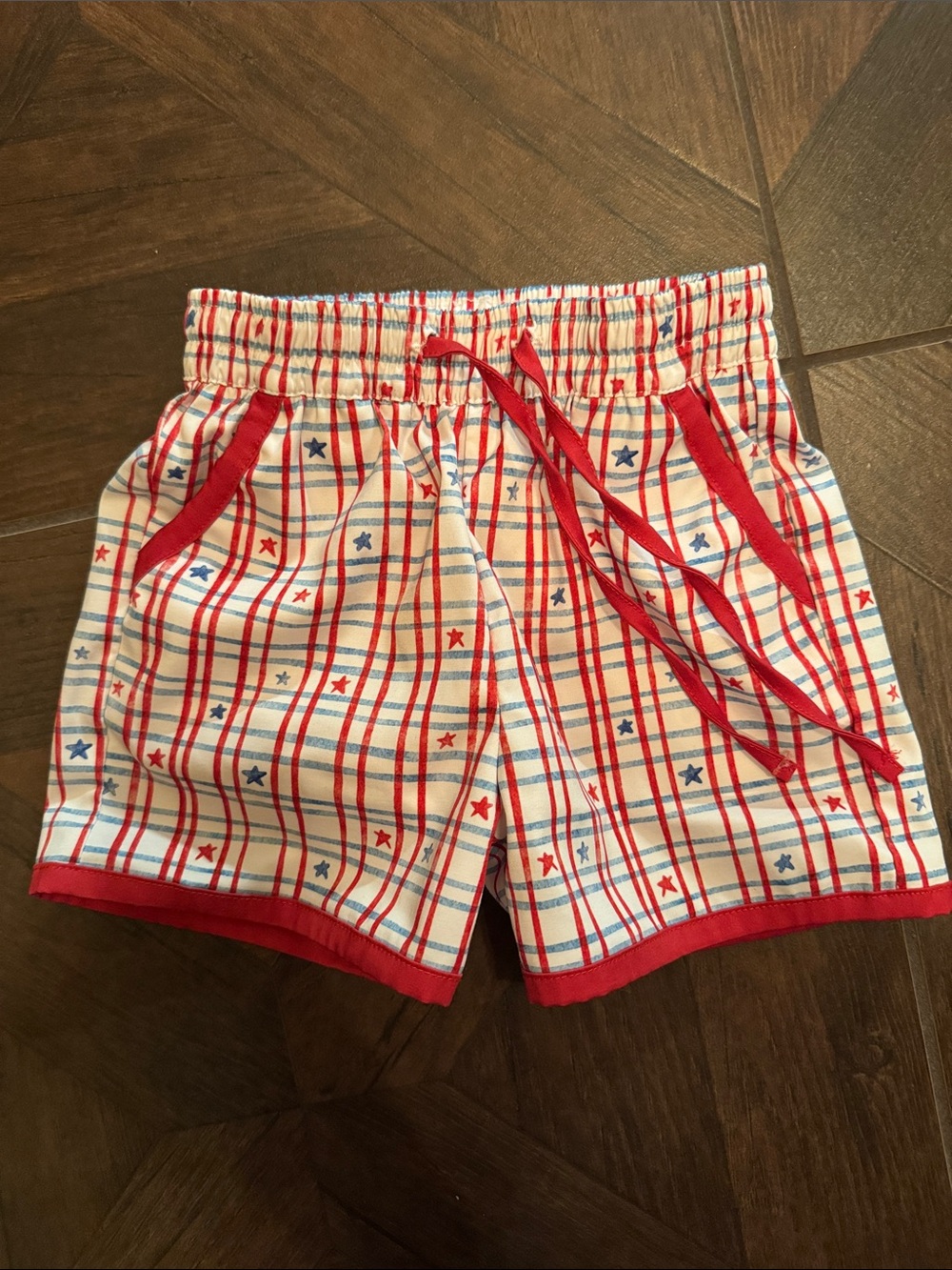 Boys Red White Blue Star Plaid Drawstring swim Shorts